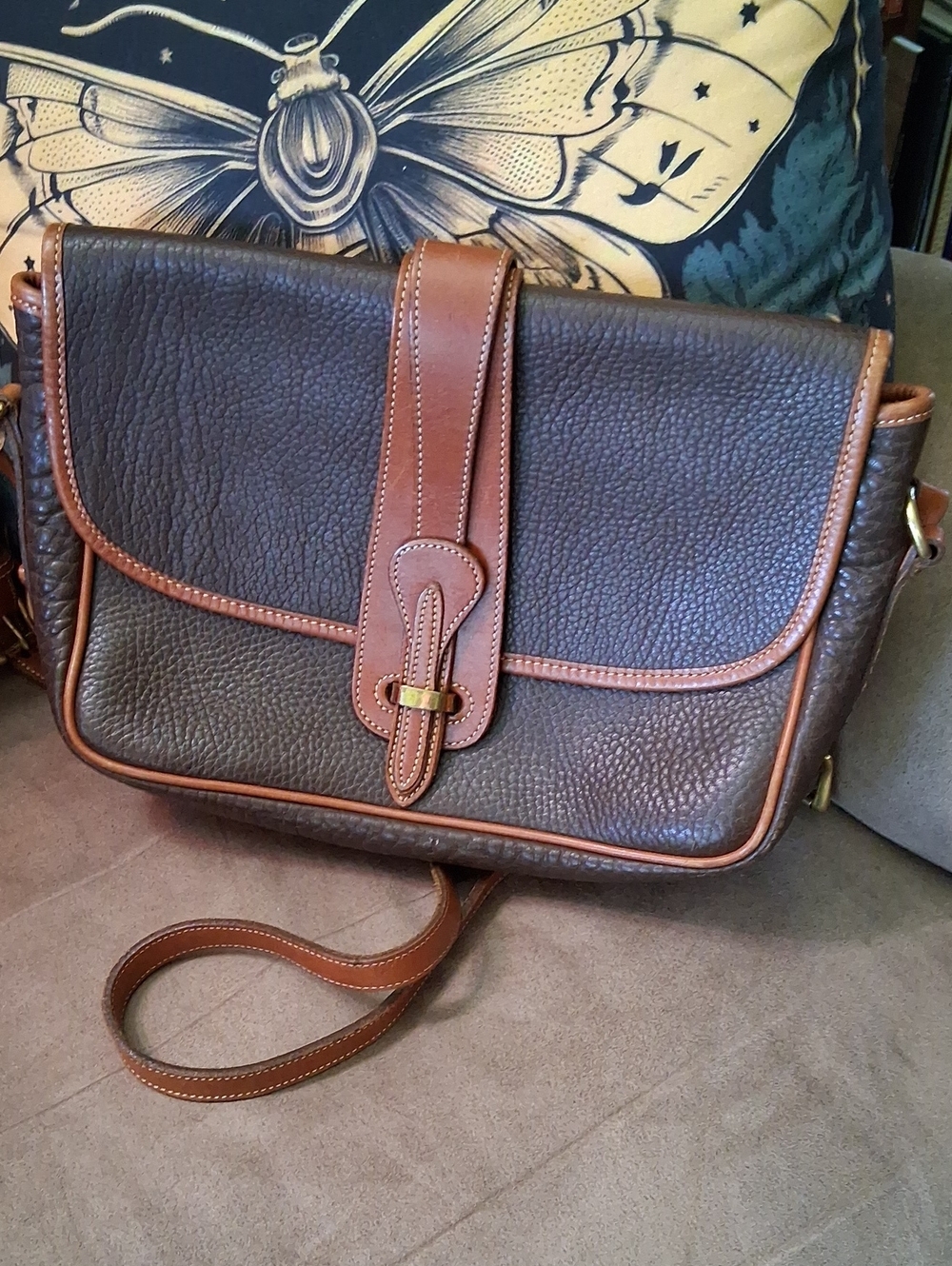 Dooney & Bourke Dark Brown Pebbled All WeatherLeather Crossbody with Cognac Trim